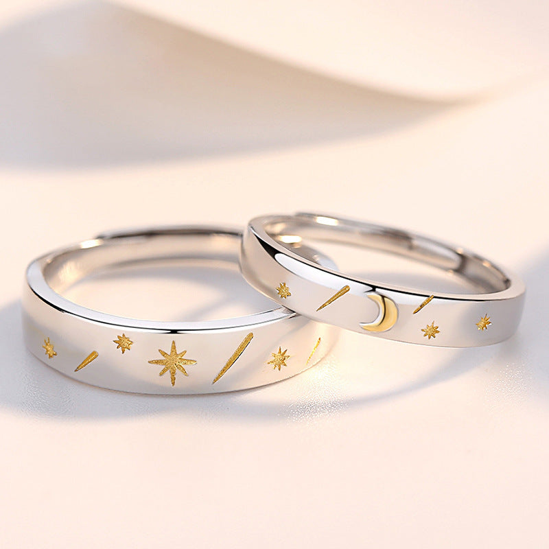 Couple Ring Sun, Moon and Stars S925 Sterling Silver Men and Women a Pair of Opening Net Red Tanabata Valentine's Day Gifts for Girlfriend