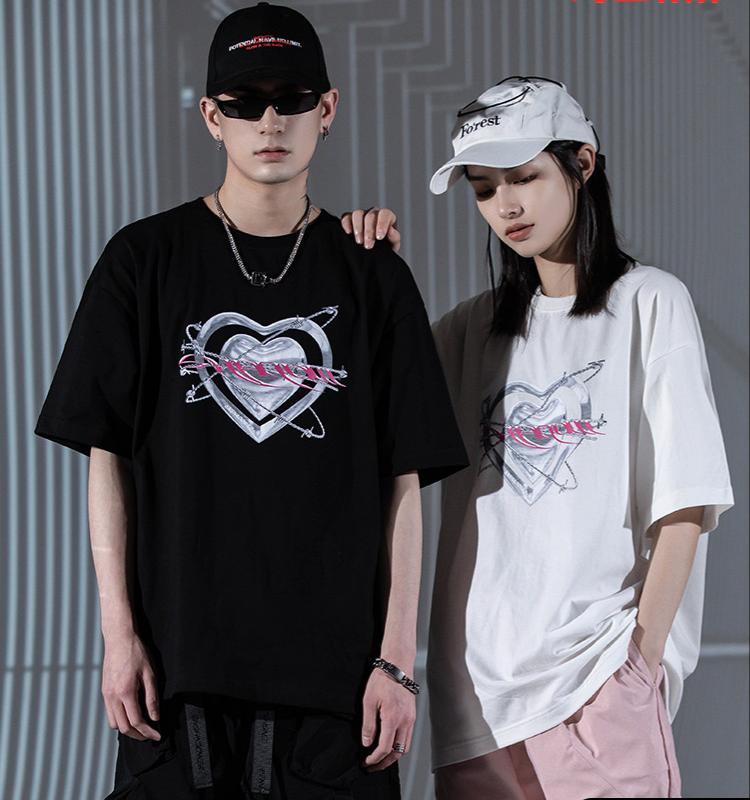 メタル ラブプリント 半袖 ゆったり カップル用 Tシャツ 男女兼用