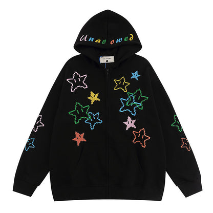 Sweet Cool Funny Embroidery Couple Hooded Zipper Coat For Men