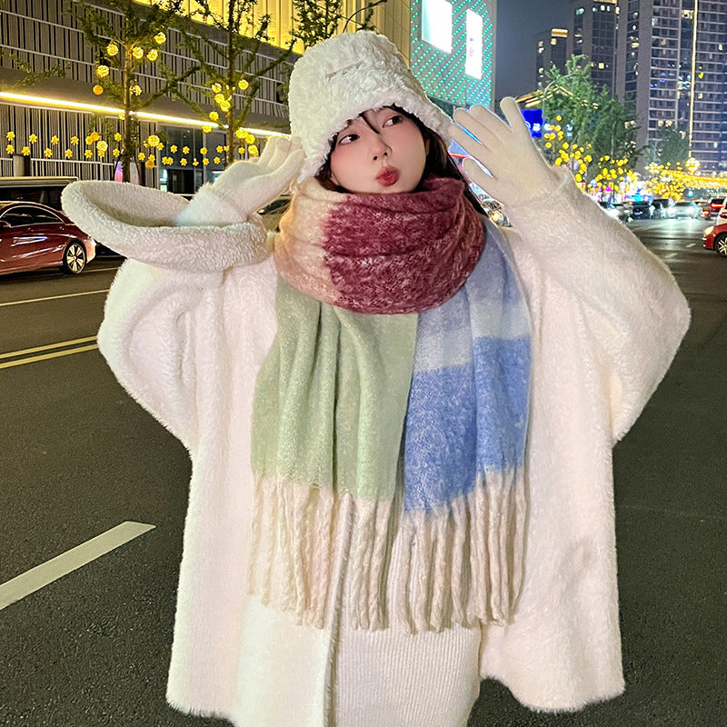 Soft And Thickened Mohair Scarf Women's Color Matching Artificial Cashmere Scarf