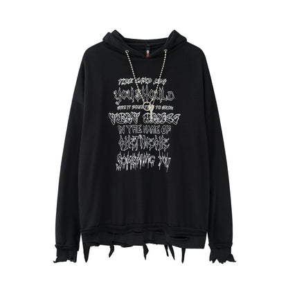 Ripped Hem With Chain Personality Letter Printed Hoodie