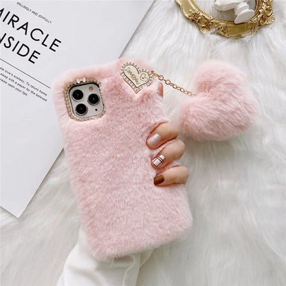 Plush Phone Case Love Pendant Metal Lens Ring