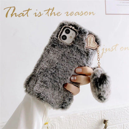 Plush Phone Case Love Pendant Metal Lens Ring