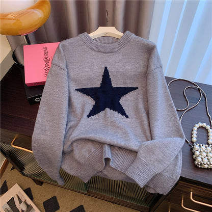 Idle Style Five-pointed Star Crew Neck Pullover Sweater