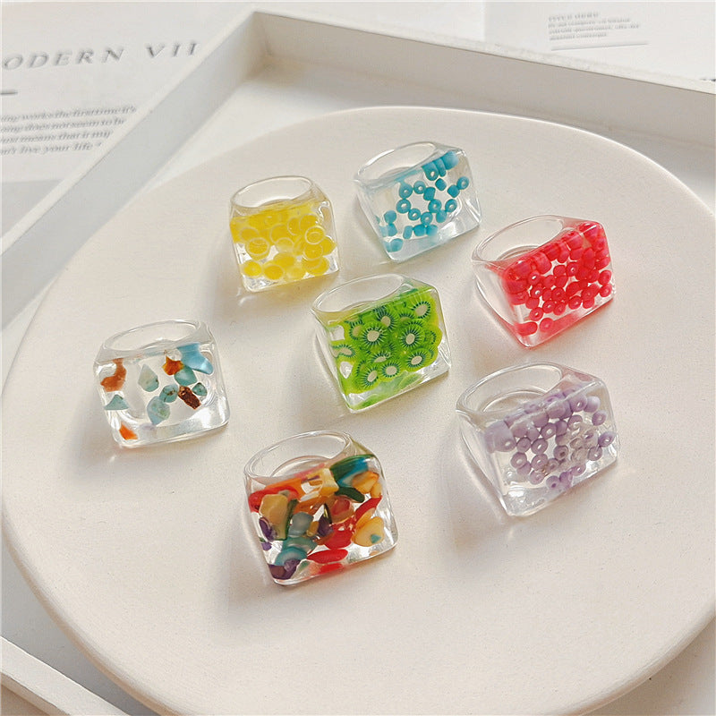 New Transparent Resin Ring Fruit Square Ring Acrylic Ring