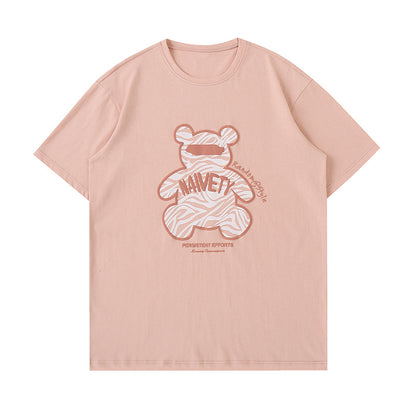 コットン ゆったり ゼブラ ベア 立体プリント 半袖 Tシャツ